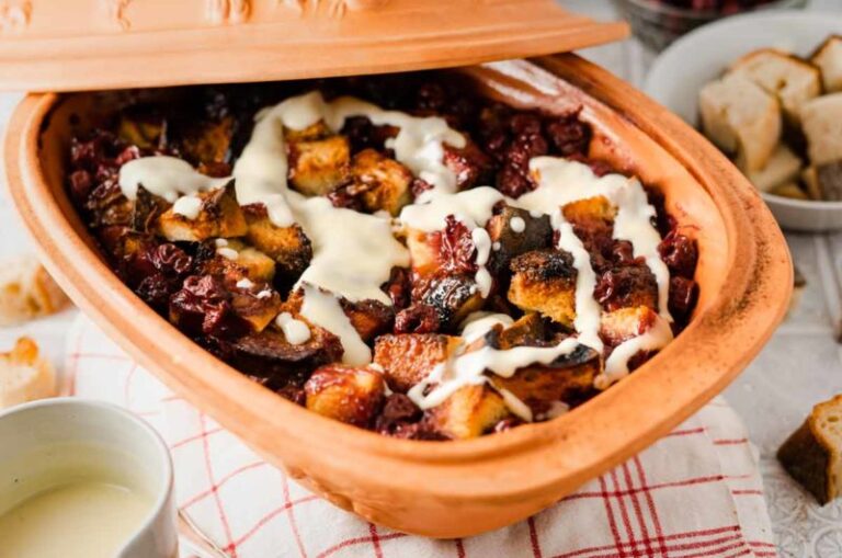 Bread Pudding with Cherry Compote and Vanilla Sauce